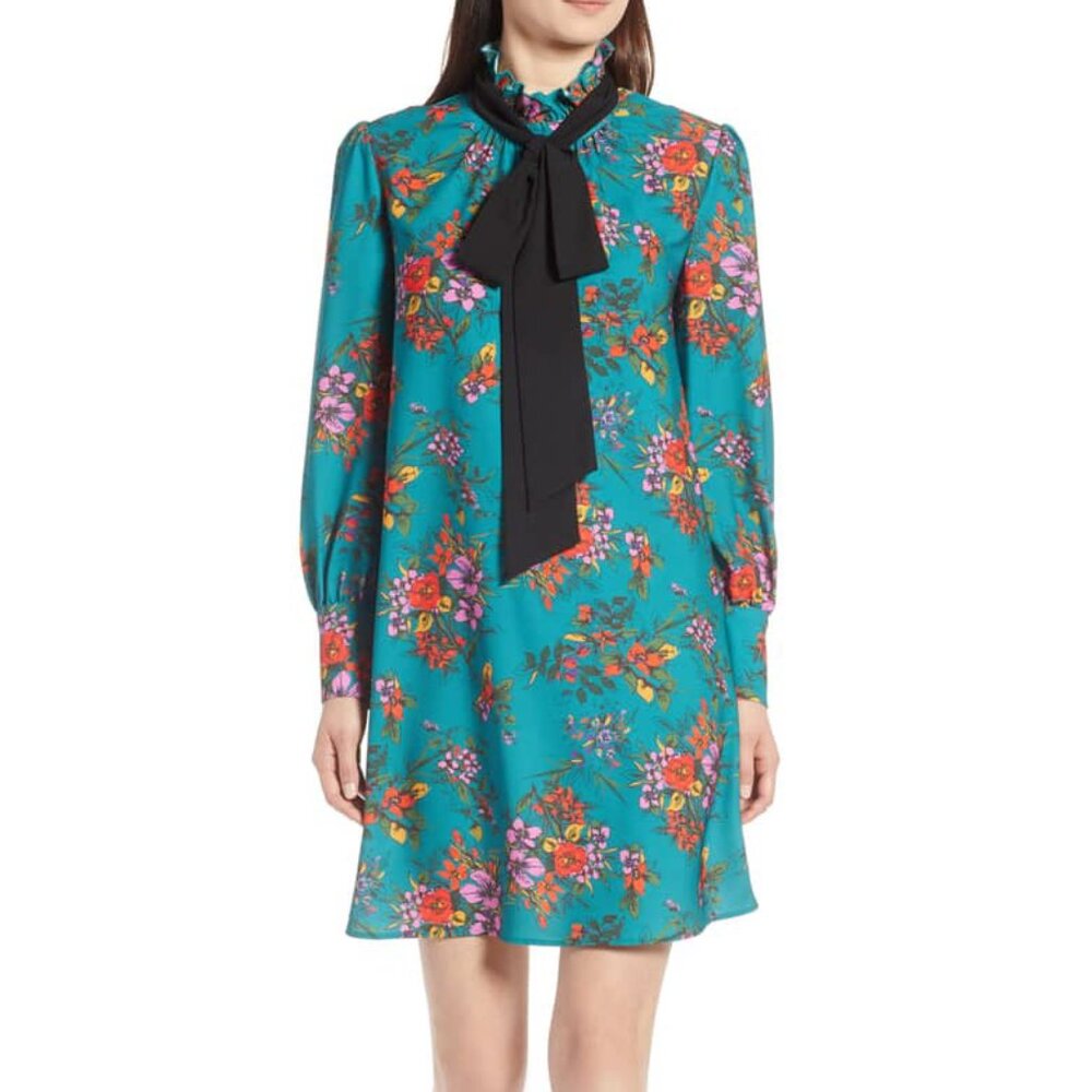 Halogen Green Floral Ruffled High Neck Dress